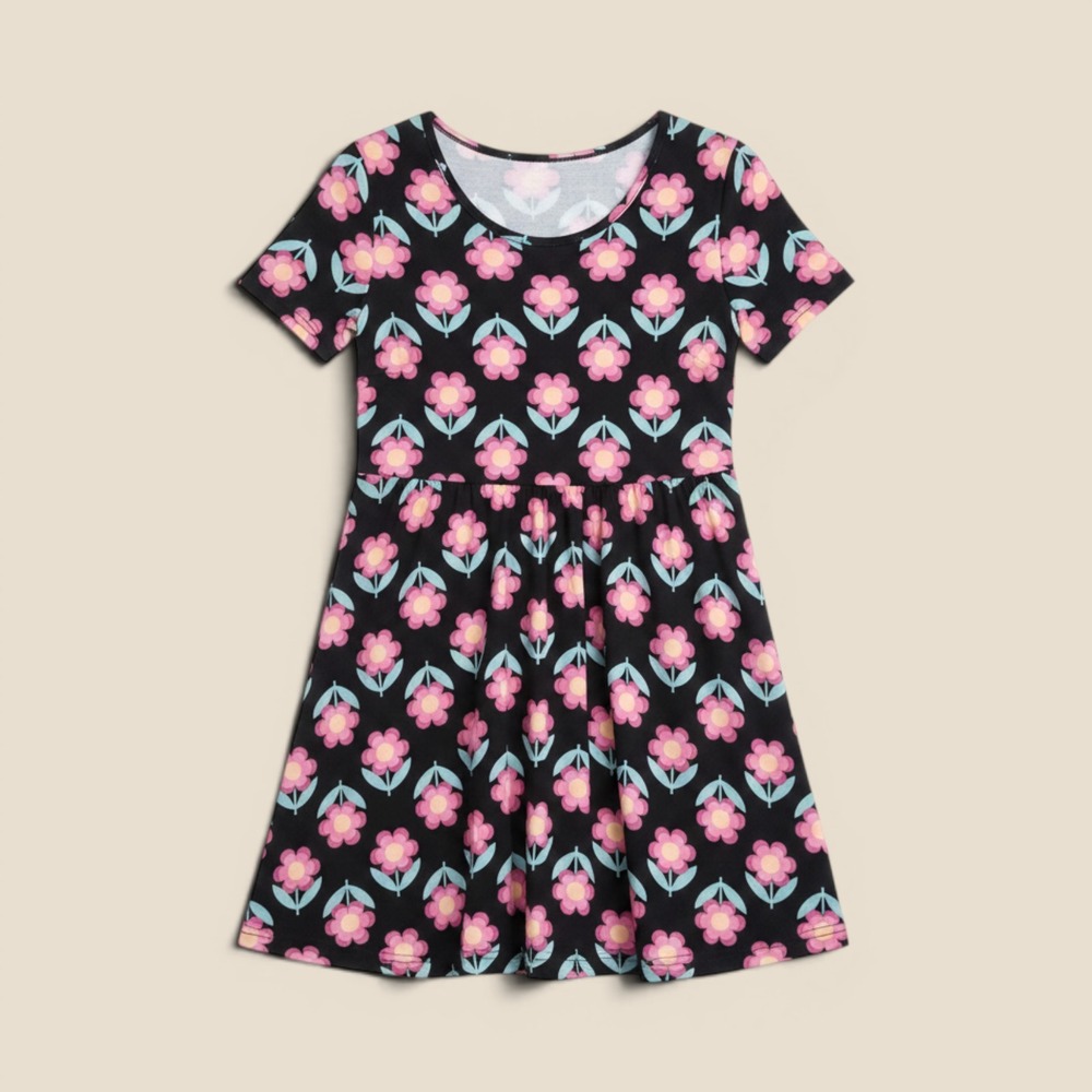 Picapino Girls Black Pink Floral Skater Dress Short Sleeve Size 8 RN15517